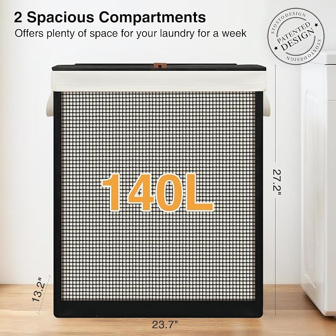 STO STO 2 Section Laundry Hamper with Lid, 140L Steel-Frame Double Laundry Hamper with Removable Washable Liner, Breathable Large Laundry Basket for Bedroom, Bathroom, Laundry Room, Dorm, Closet - Image 3