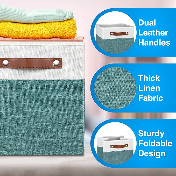 11 Inch Cube Storage Bin - 4 Pack - Linen Fabric 11x11 Cube Storage Bins for Bedroom, Living Room, Clothes and Toys; Foldable, Dual Leather Handles - Image 3