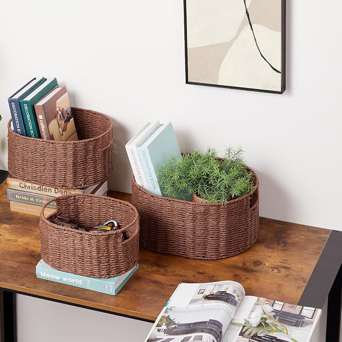 Wicker Storage Basket, Set of 3 Hand-woven Storage Baskets for Organizing, Round Large Wicker Baskets for Storage Decor, Pantry Storage Cubes Organization Baskets for Shelves, Brown - Image 5
