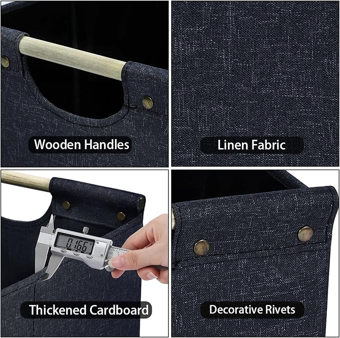 HOONEX Collapsible Storage Bins, 12x12x12in Storage Cubes Linen Fabric, 3 Pack, Storage Baskets with Wooden Carry Handles and Sturdy Heavy Cardboard, for Home, Office, Car, Nursery, Dark Grey - Image 4