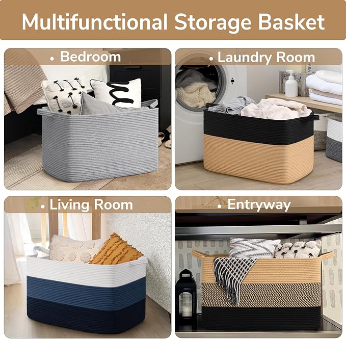 Goodpick 85L Large Woven Blanket Basket, Rectangle, Black Jute | 23.6'' x 15.7'' x 13.8'' Wicker Storage Basket for Blankets, Pillows & Toys, Living Room, Bedroom & Nursery Organization - Image 4