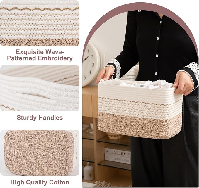 OIASKET 4 Pack Storage Baskets for Organizing, 13"X9"X7.87", Decorative Cotton Rope Baskets for Shelves, Small Woven Basket for Toys, Books and Towels, Brown & White - Image 6