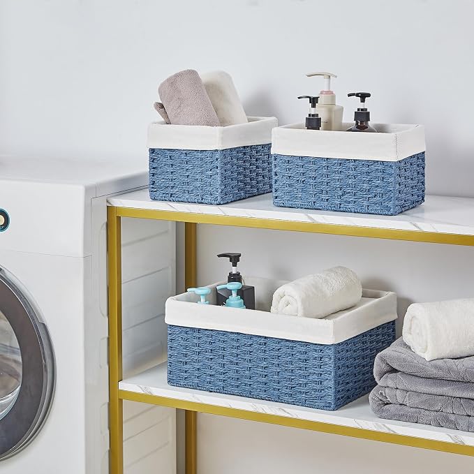 Wicker Basket, Set of 3 Hand-woven Storage Baskets for Organizing, Rectangle Wicker Storage Basket Bins with Handles, Small Toilet Paper Storage Baskets for Shelves & Decor, Blue - Image 5