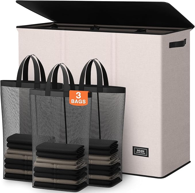 SOLEDI Large Laundry hamper 3 Section with Laundry Bag, XL Clothes Basket | 3-Section Large capacity Laundry Sorter with Odor-Blocking Lid, Robust Iron Frame & Waterproof 600D Fabric, 3 Washable Bags by SOLEDI