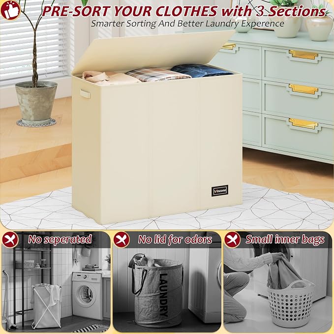195L Laundry Hamper 3 Section,Large Laundry Hamper with Lid,Dirty Clothes Hamper with 3 Inner Bags,Collapsible Laundry Basket Organizer for Laundry Room,Bedroom,Laundry Sorter Hamper 3 Compartment - Image 3