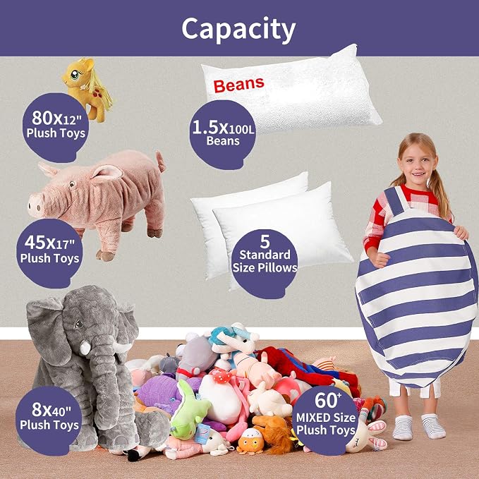Aubliss Stuffed Animal Bean Bag Storage Chair | (Royal Blue/White Striped, Medium (32'')) - Image 4