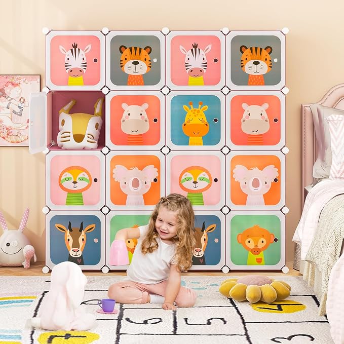 HONEY JOY Kids Wardrobe Closet, Baby Cartoon Clothes Storage Organizer, 8 Cubes & 2 Hanging Sections, Portable Children DIY Modular Bedroom Armoire Dresser Cabinet for Boys Girls (Pink, 8-Cube) - Image 2
