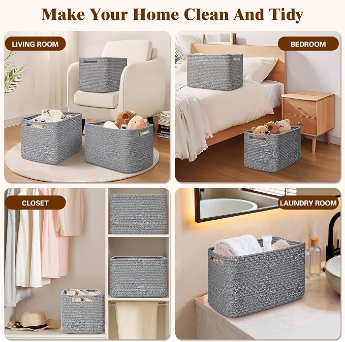 Storage Baskets for Organizing, 4 Pack Baskets for Shelves, Decorative Storage Bins for Shelves, Cotton Rope Storage Basket with Handles, Woven Basket for Storage, 13''Lx8.7''Wx7.9''H, Gray - Image 6
