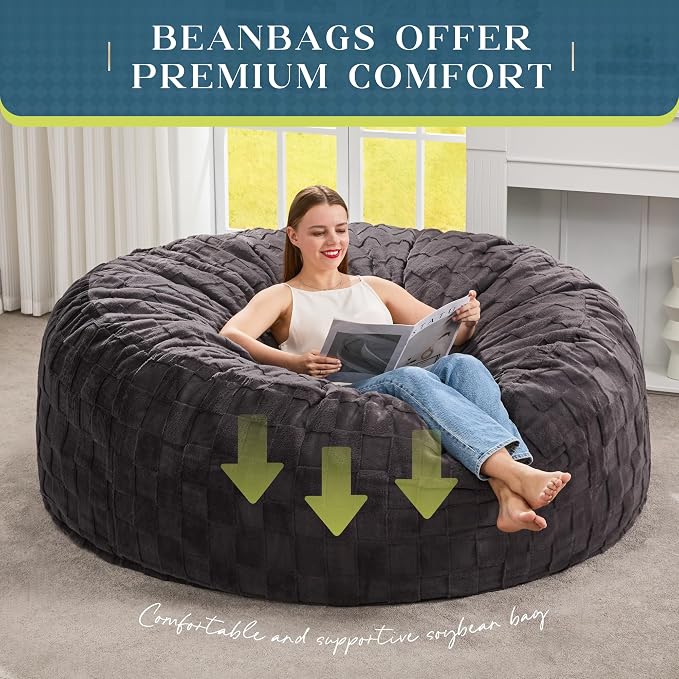 Hobestluk Adults Bean Bag Chair 5FT Big BeanBag Chair Giant Large Oversized | Memory Foam,Washable Cover,Unique Fluffy Plaid,Comfy Bean Bag with Filler Lounging Gaming Bedroom Living Room | Dark Grey 5FT - Image 6
