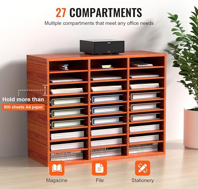 VEVOR 27 Compartments Wood Literature Organizer, Adjustable Shelves, Medium Density Fiberboard Mail Center, Office Home School Storage for Files, Documents, Papers, Magazines, Brown - Image 4