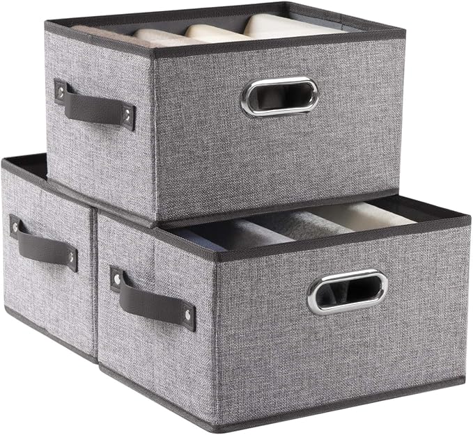 Fodable Storage Bins for Closet [3-pack] Decorative Fabric Storage Baskets Cubes with Leather/Metal Handles for Shelves Bedroom Living Room Grey (11.5x8.5x6.7 Inch) by Prandom
