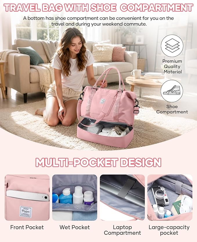 Travel Duffel Weekender Bag Women Tote Carry On Bags With Shoe Compartment | 18x14x8 inches Travel Overnight Bags with Trolley Sleeve for Airplanes Waterproof Sport Tote Gym with Toiletry Bag Pink - Image 6