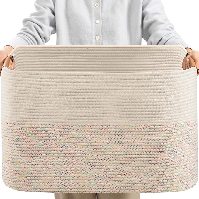 108L Large Basket for Living Room, Boho Decorative Basket Organizing with Handles, Cotton Rope Storage for Toys, Pillows, Clothes, 25’’*16’’*16’’ Rainbow by danpinera