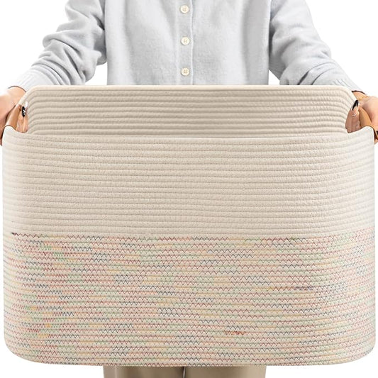 108L Large Basket for Living Room, Boho Decorative Basket Organizing with Handles, Cotton Rope Storage for Toys, Pillows, Clothes, 25’’*16’’*16’’ Rainbow by danpinera