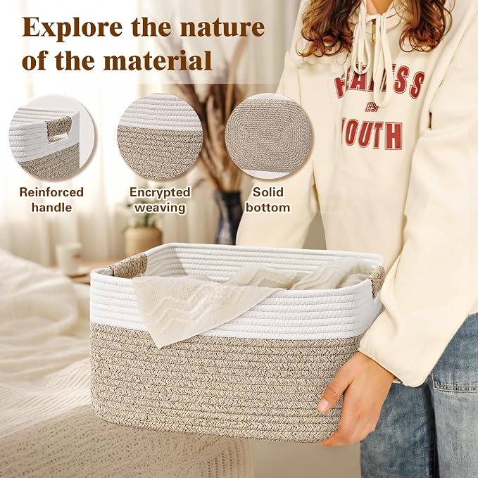 2 Pack Large Storage Basket for Organizing, 17.5"x13"x7" Woven Basket for Shelves, Closet Cube Storage Bins with Wrapped Handle, Cotton Rope Baskets for Kitchen, Clothes, Toys(Off White & Brown) - Image 4