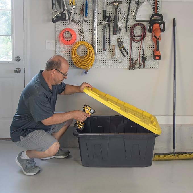 CX Heavy Duty 27-Gallon Stackable Plastic Storage Bins with Lids, 2 Pack | Storage totes for garage organization, Stackable containers, weather-resistant, snap lid, 14.3H x 20.6W x 30.6D, Black/Yellow - Image 5