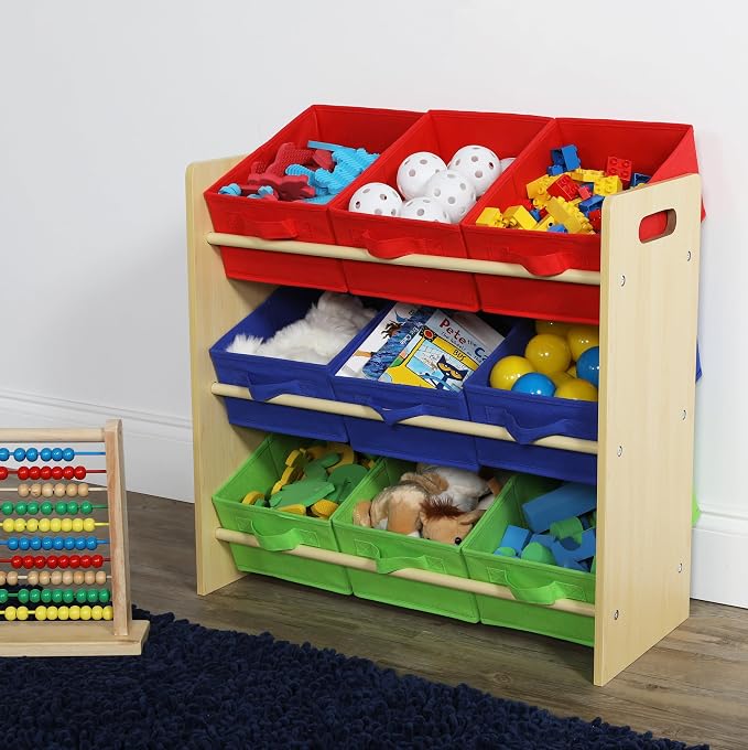 Humble Crew Kids Toy Organizer with 9 Fabric Bins, 3 Tier Storage Shelf | Sturdy wood and steel toddler frame, collapsible containers, wall anchor anti-tip safety kit for playroom, bedroom, classroom - Image 2