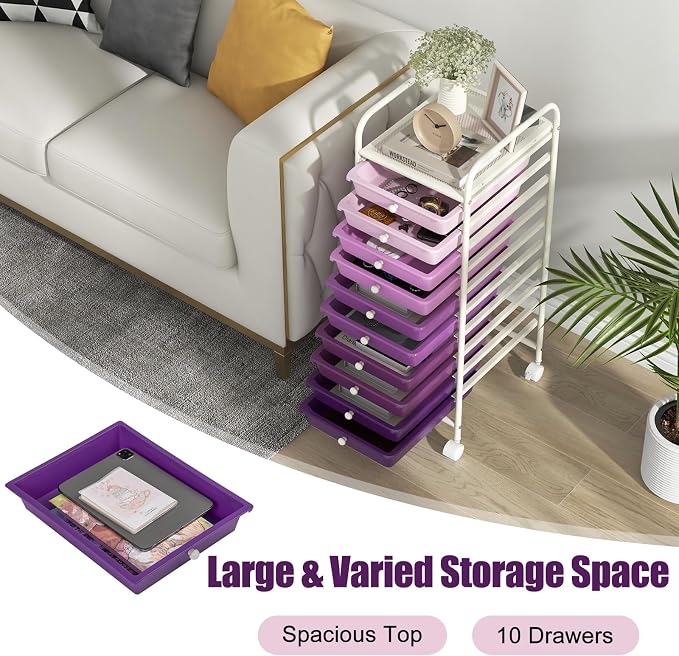 GOFLAME 10-Drawer Rolling Storage Drawer Cart, Utility Cart with Removable Drawers & Metal Frame, Mobile Art Craft Drawer Cart with Lockable Wheels for Home, Office, Studio, School, Purple Gradient - Image 4