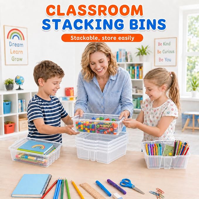 6 Pack Plastic Book Bins For Classroom Stackable Classroom Organizer with Handle Cubby Bins for School Library Office Home Nursery Playroom Organization(Clear) - Image 5
