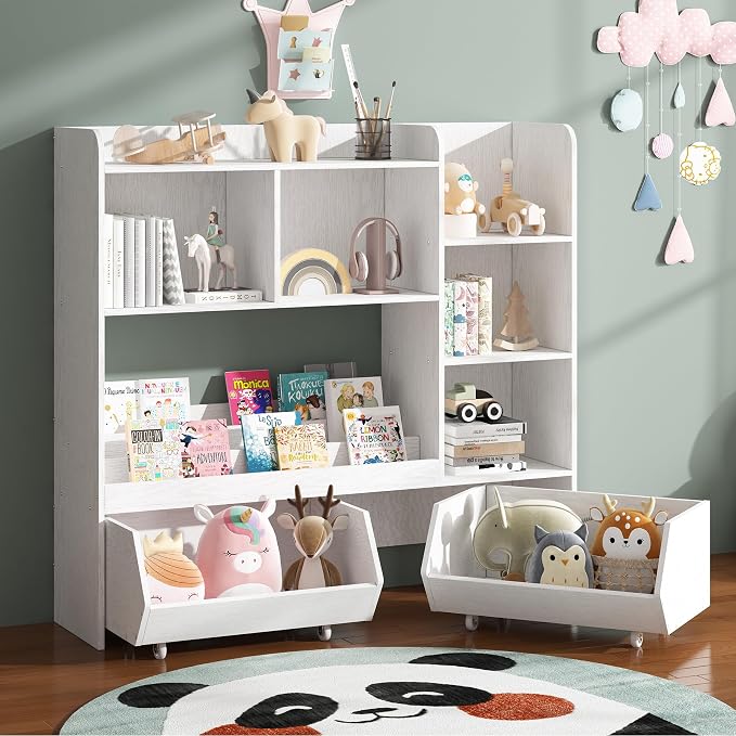 ZOPEND Kids Bookshelf and Toy Storage Organizer with 2 Rolling Bins, 5-Tier Open Wooden Bookcase for Children's Bedroom Playroom Nursery, Montessori Toddler Book Shelf with Display Rack, White - Image 3