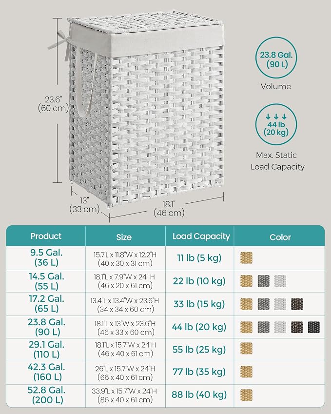 SONGMICS Laundry Hamper with Lid, 23.8 Gal (90 L) Synthetic Rattan,Foldable | Clothes Laundry Basket with Handles, Removable Liner, Cloud White, ELIOTT Collection ULCB165W01 - Image 7