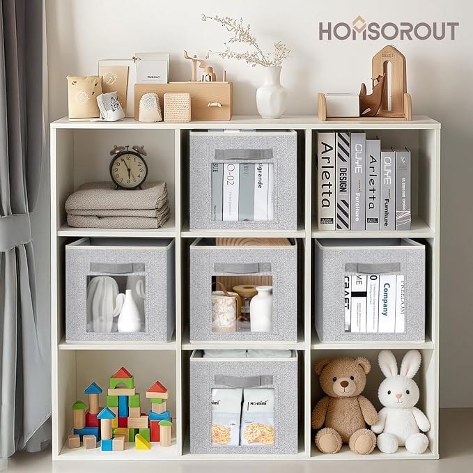 Foldable Storage Cubes - Square Organizer with Window, Decorative Baskets for Organizing, Fabric shelf Basket for Clothes, 11 Inch Closet Storage Cubes, Set of 12, Light Grey - Image 3