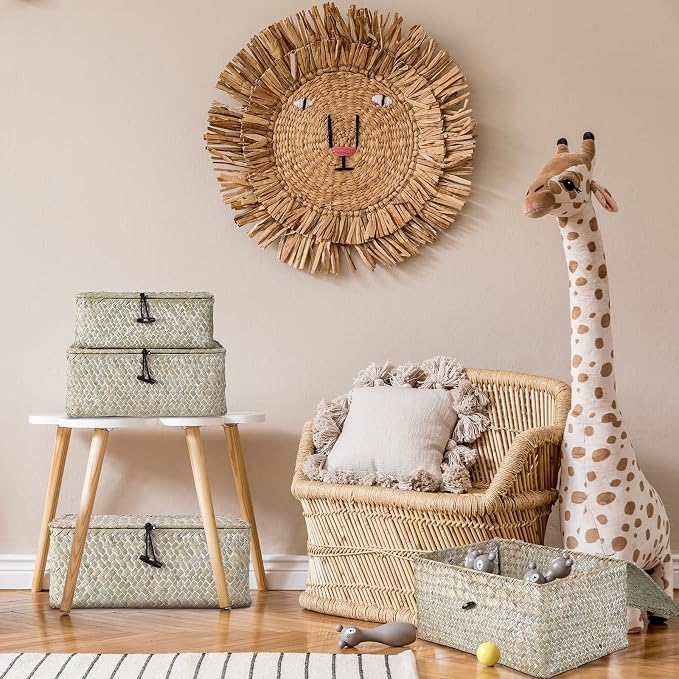 Woanger Set of 4 Wicker Baskets with Lids, Nautral Seagrass Storage Baskets, Woven Rectangular Basket Bins, Rattan Storage Organizer for Shelf Closet Bedroom(White) - Image 3