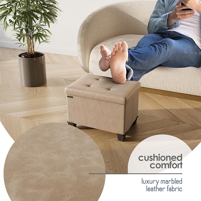 Storage Ottoman Cube with Small Bin, 16-in Square Ottoman with Storage for Living Room and Bedroom, Small Ottomans Foot Rest, Leather Foot Stools Ottomans Max 330lbs, Taupe - Image 7