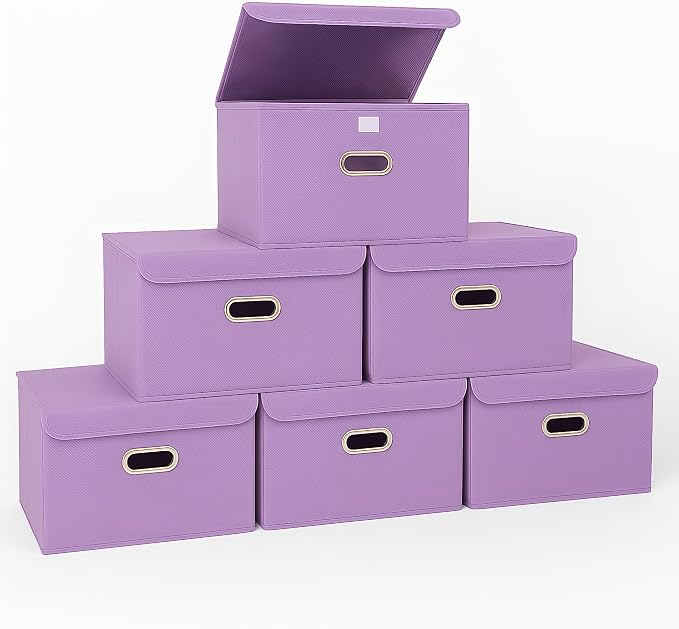 STOREONE Fabric Storage Cube Bins Foldable Organizer Container Collapsible Basket with Lids and Metal Handles, for Home, Bedroom, Closet 6 Pcs (multicolour-purple) by STOREONE