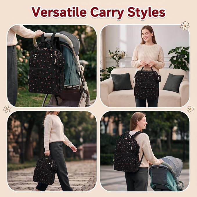 Baby Diaper Bag Backpacks for Mom Dad, Corduroy Large Capacity Multifunction Nappy Bag with Pacifier Case, Baby Travel Essentials Diaper Backpack for Boys Girls - Cherry Black - Image 8