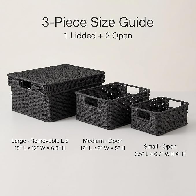 Wicker Storage Basket with Lid for Shelves, 3-Basket Set, Black | One rectangular wicker basket with lid and two open baskets for decorative shelf storage; removable lid flips into a tray. - Image 4