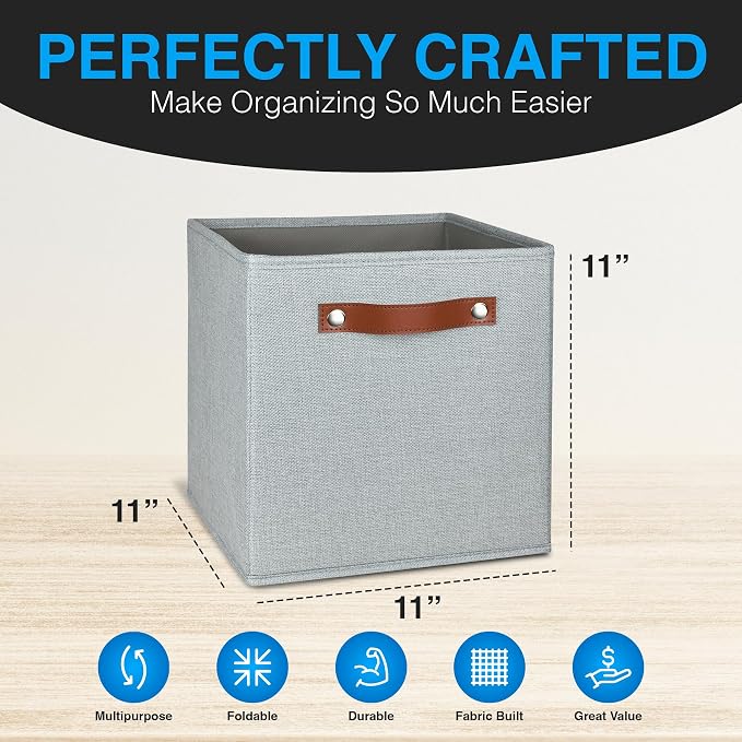 11 Inch Cube Storage Bin - 6 Pack - Linen Fabric 11x11 Cube Storage Bins for Bedroom, Living Room, Clothes and Toys; Foldable, Dual Leather Handles - Image 3