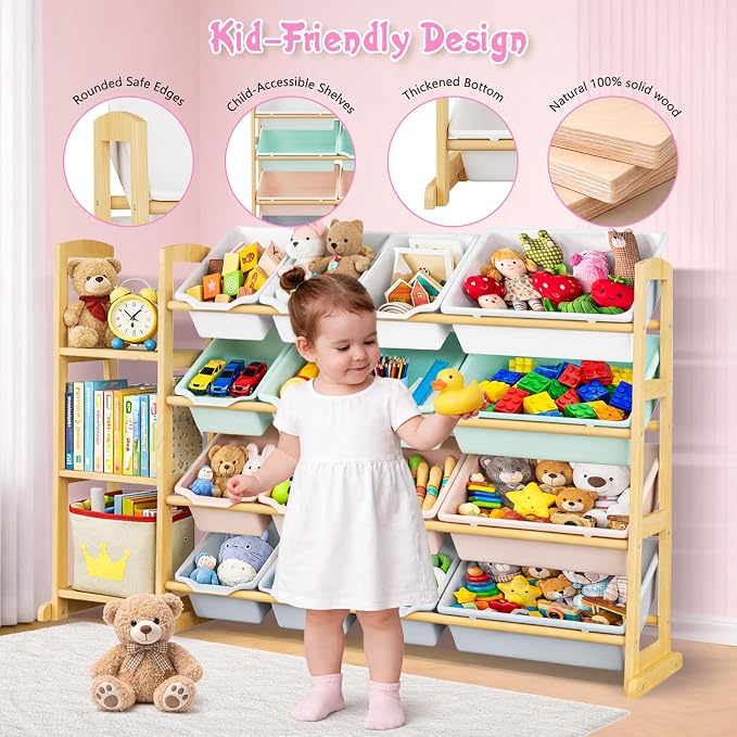 Kids Toy Storage Organizer with Bookshelf – Wooden Shelf with 16 Bins & 3 Shelves, Quick Assembly Storage Rack for Playroom, Bedroom, Nursery– Colorful - Image 3