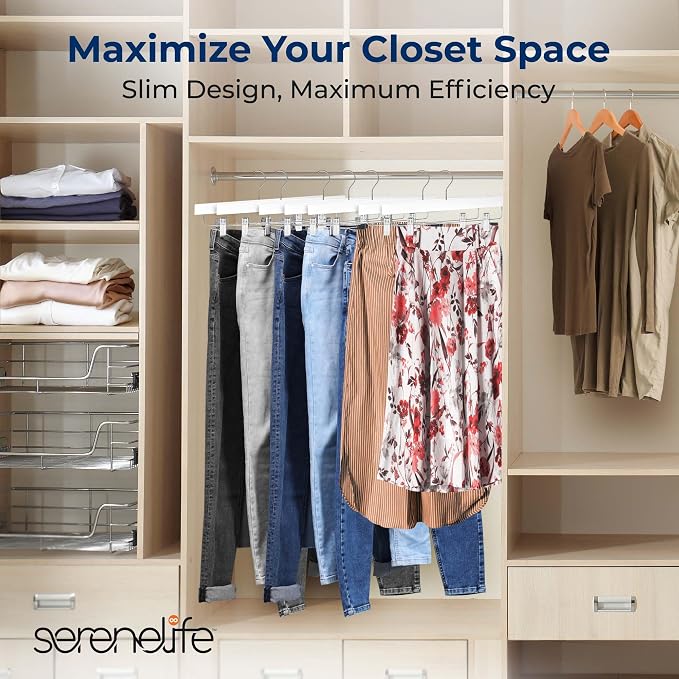 SereneLife Premium Wooden Pants Hangers 20 Pack, Solid 14" Wood Skirt Hangers with 2-Adjustable Clips, Heavy Duty & Anti Slip Wood Bottom Hanger for Slacks, Jeans, Trousers, Shorts (White) - Image 2