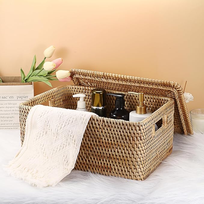 Hipiwe Rattan Basket With Lid Rectangular Lidded Basket Wicker Storage Bin | Hand-Woven Natural Basket Box for Shelf Organizing Picnic Food Bread Table Storage Basket, 15.1 x 11.2 x 7.3 Inch - Image 5