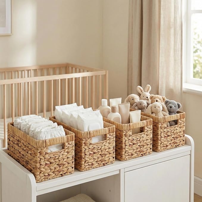 Water Hyacinth Wicker Storage Baskets for Shelves, Set of 4 | Shelf Baskets, Basket with Handle, for Pantry, Kitchen, Bathroom, Closet Storage, 13x8.25x7in - Image 9