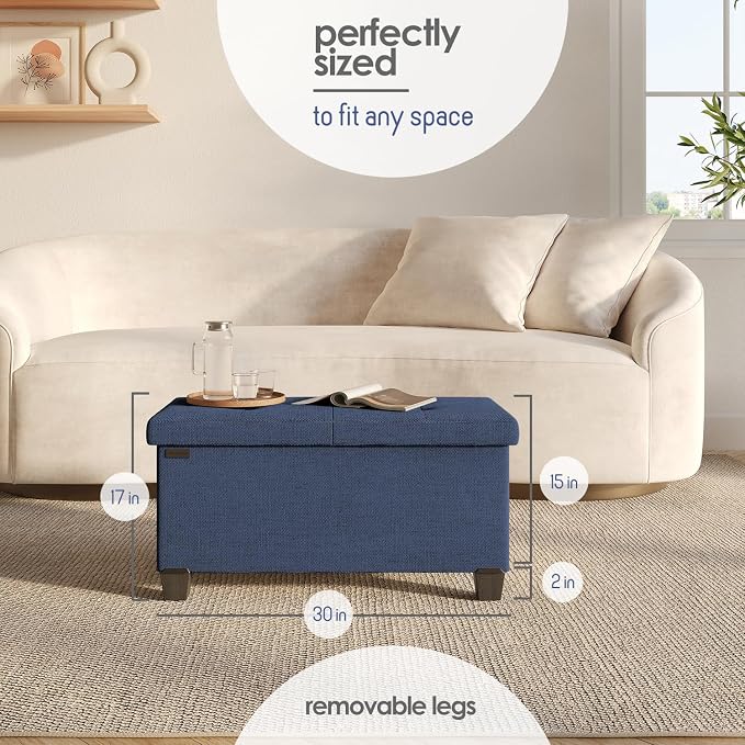 Storage Ottoman Bench with Bins, 30-in Storage Bench for Bedroom End of Bed, Folding Foot Rest Ottoman for Living Room Max 660lbs, Fabric Ottomans, Blue - Image 8