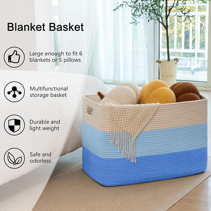 OIAHOMY 108L Extra Large Blanket Basket Dog Toy Basket Gradient Light Blue | Rectangle Woven Baskets for Storage Cotton Rope Basket For Living Room Toy Storage Blanket Storage Laundry Basket - Image 6