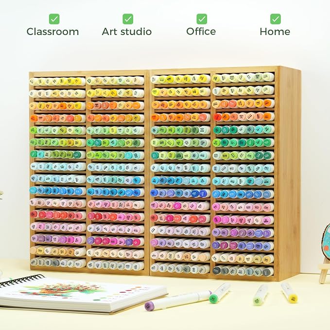 Ohuhu Bamboo Marker Organizer Hold 224 Markers for Honolulu Oahu Series | Markers Pens Pencils Stationary Organizer Holder Desktop Storage with 32 Compartments for Classroom Office Decor Home - Image 6