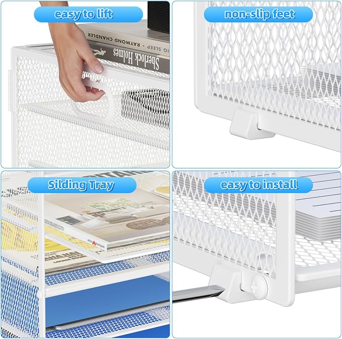 Lavatino 12 Compartments Paper Organizer for Desk, Mesh Literature Organizer, Mail File Sorter Tray with Handle, Desktop Mailbox for Office Classroom Home - White - Image 3