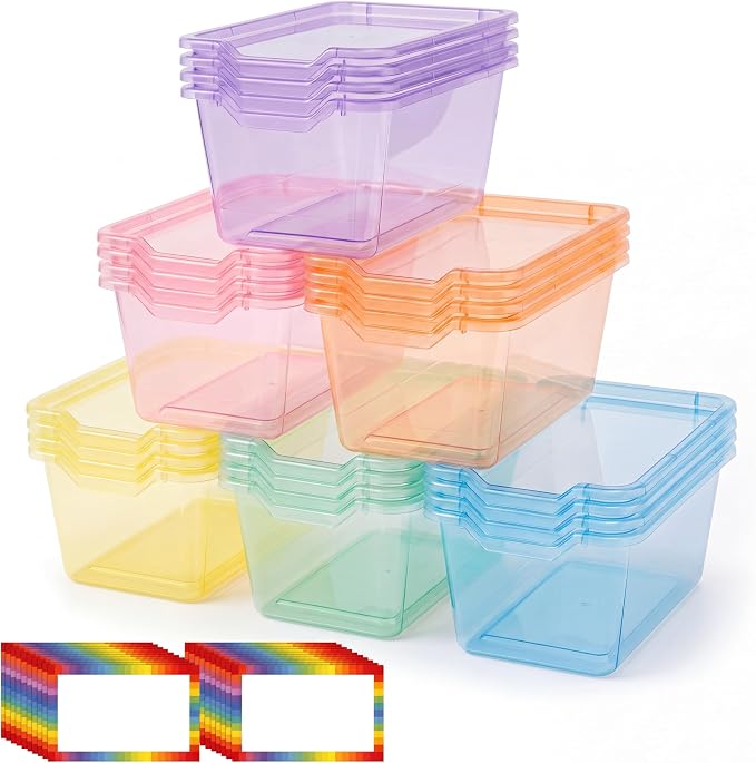 Funrous 24 Pack Plastic Cubby Bins for Classroom, Stackable Storage Bins with Rainbow Labels and Handles Cubby Organizer Containers for Teacher Supplies Home Office Daycare and Playroom (Pastel) by Funrous