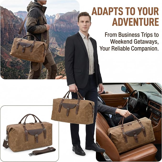 NEWHEY 55L Travel Duffel Bag, Waterproof Waxed Canvas & Leather Weekender Bag for Men, Large Carry-on Overnight Bag for 4-5 Day Business Trips & Weekend Getaways, Brown - Image 9