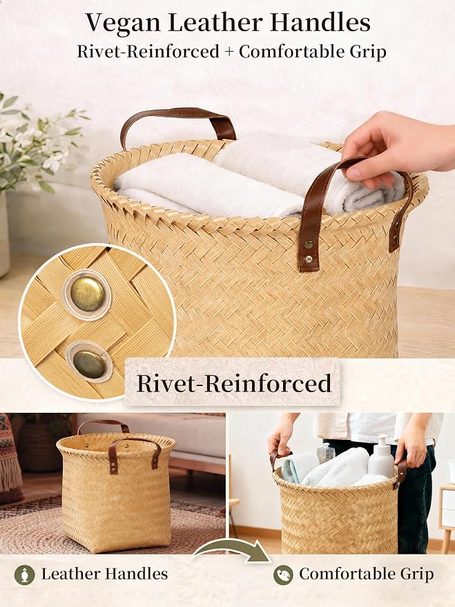 Wicker Storage Baskets, 4 Pack Woven Baskets for Shelves, Yellow | PP Rattan, Water-resistant Wicker Basket, Large Baskets with Faux Leather Handles for Blanket, Laundry Organizer, Room Decor - Image 5