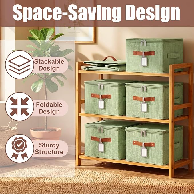 6 Pack Fabric Bins with Lids, 10 x 8 x 7 Inch Fabric Storage Bins with Zipper Lids and Labels, Decorative Foldable Storage Cubes with Handles for Closet Nursery Shelf Organization, Green - Image 5