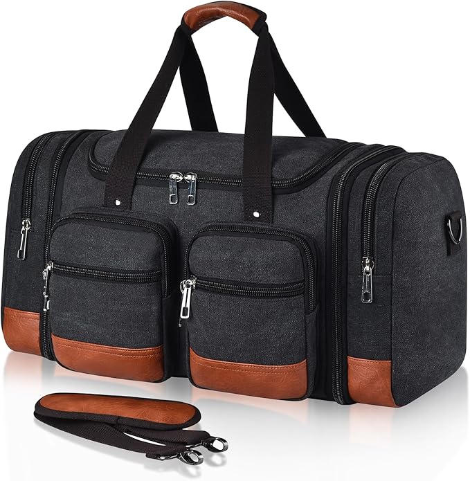 Canvas Duffle Bag For Travel, 50L Expandable Carry on Overnight Travel Duffel Bags with Laptop Compartments Weekend Gym Bag for Men(Black) by Unknown