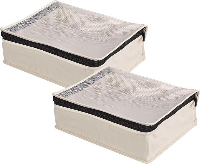 Household Essentials Canvas Sweater Storage Bags, 2-Pack, Breathable Cotton, Under-Bed Zippered Storage with Clear Top Window, Stackable, Cedar Insert Compatible (Not Included), Natural by HouseholdEssentials