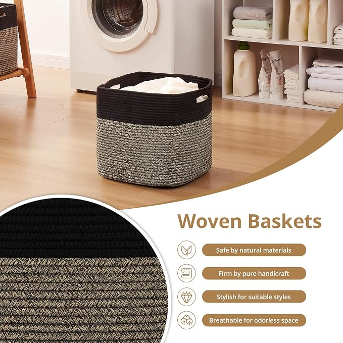 OIAHOMY 13 Inch Cube Storage Bins, 3-Pack Cotton Rope Woven Baskets for Organizing, Insert Storage Baskets for Shelves, Baby Nursery, Closet Organizer, 13 * 13 * 12.6IN, Black & Mixed Brown - Image 5