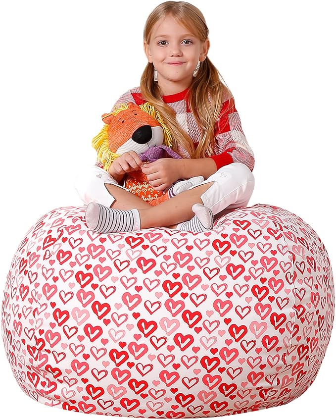 Aubliss Stuffed Animal Bean Bag Storage Chair, Beanbag Covers Only | for Organizing Plush Toys, Turns into Bean Bag Seat for Kids When Filled, Medium 32"-Canvas Pattern Heart by Aubliss