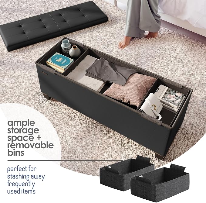 Storage Ottoman Bench with Bins, 43-in Storage Bench for Bedroom End of Bed, Folding Foot Rest Ottoman for Living Room Max 660lbs, Faux Leather Ottomans, Black - Image 3