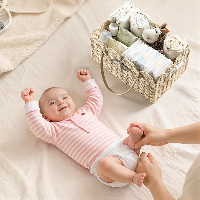 HBlife Baby Diaper Caddy, Paper Rope Storage Baskets Nursery Bin with Removable Divider, Portable Car Organizer for Diapers, Baby Shower Gifts, Newborn Essentials Must Haves - Image 6